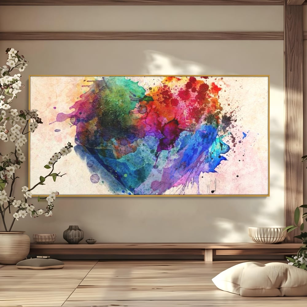 Tablou canvas cu tablou canvas cu inima colorata, in rama de aluminiu auriu